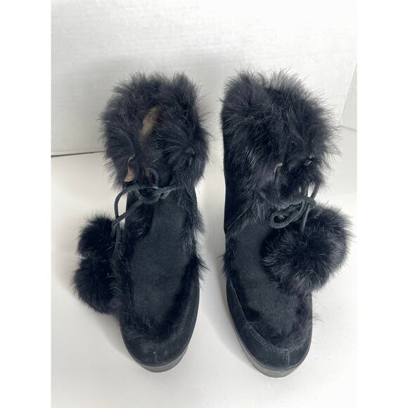 COACH Kataya Boot Black Suede Rabbit Fur Trim Lace Up Wedge Booties Size 6.5 - Picture 3 of 8